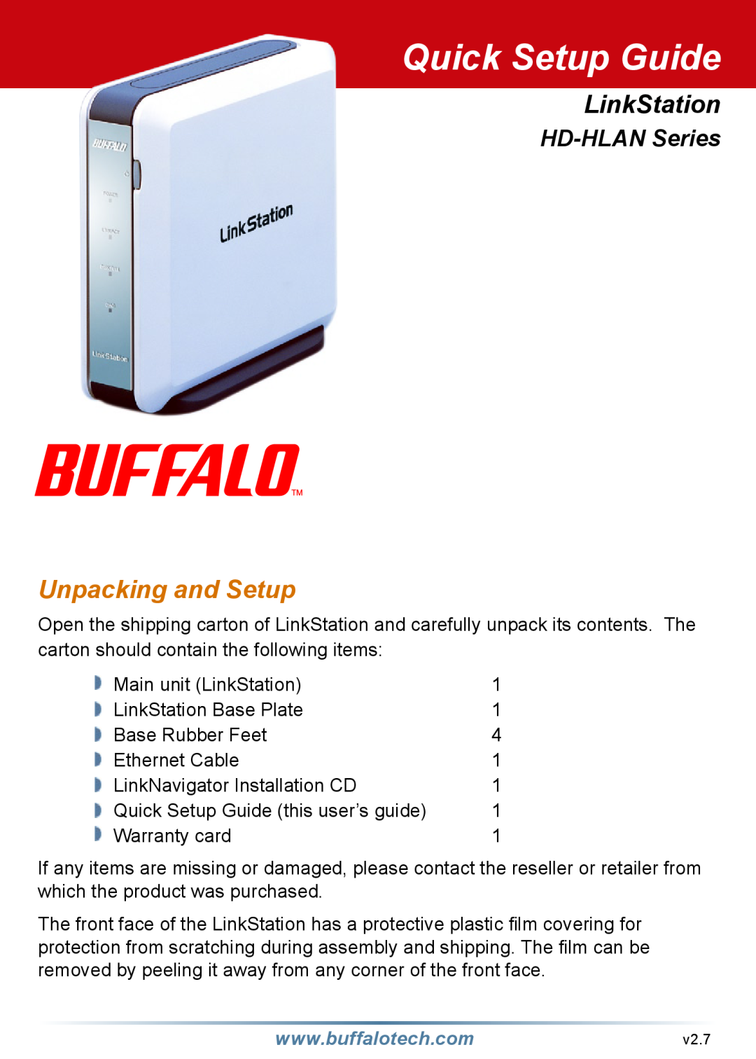 Buffalo Technology setup guide Quick Setup Guide, LinkStation, Unpacking and Setup, HD-HLAN Series 