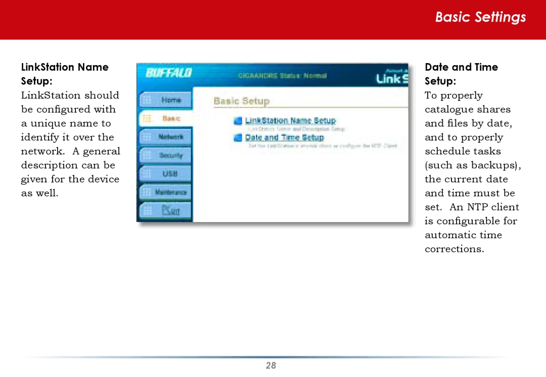 Buffalo Technology HD-HLAN user manual Basic Settings, LinkStation Name Date and Time Setup 