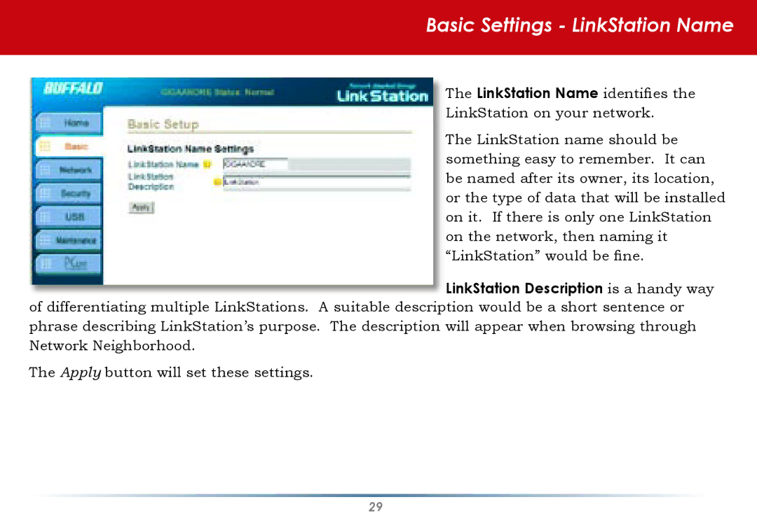 Buffalo Technology HD-HLAN user manual Basic Settings LinkStation Name, LinkStation Description is a handy way 