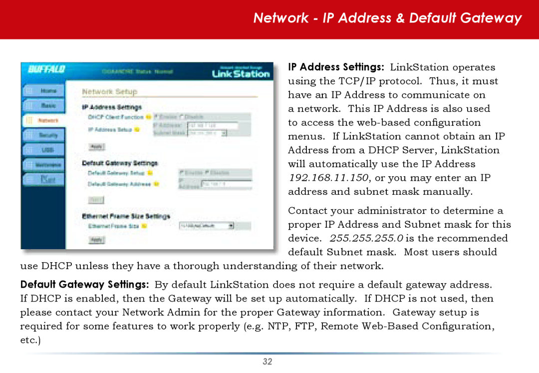 Buffalo Technology HD-HLAN user manual Network IP Address & Default Gateway 