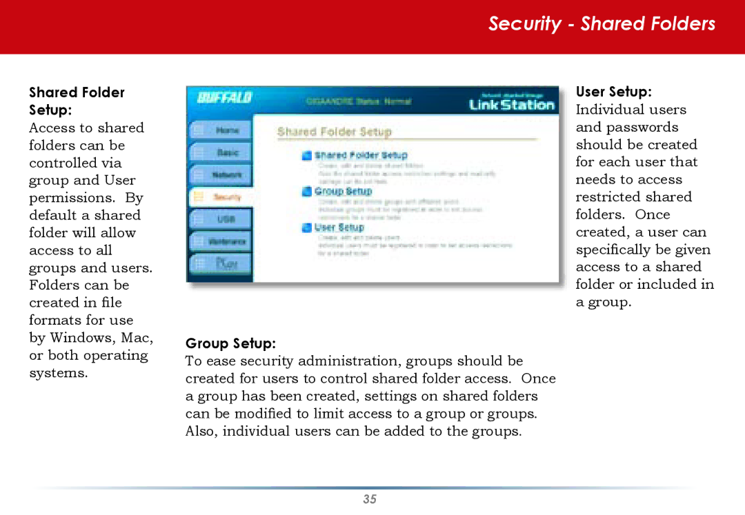 Buffalo Technology HD-HLAN user manual Security Shared Folders, Shared Folder Setup, Group Setup 