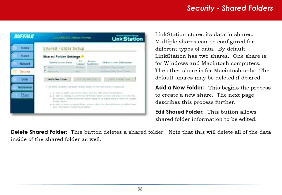 Buffalo Technology HD-HLAN user manual Security Shared Folders 