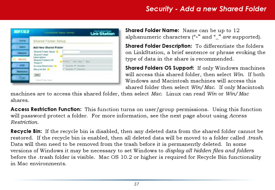 Buffalo Technology HD-HLAN user manual Security Add a new Shared Folder 