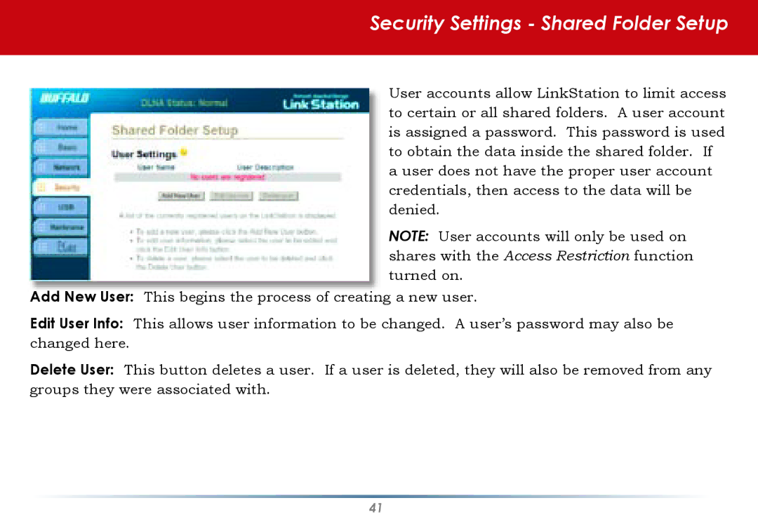 Buffalo Technology HD-HLAN user manual Security Settings Shared Folder Setup 