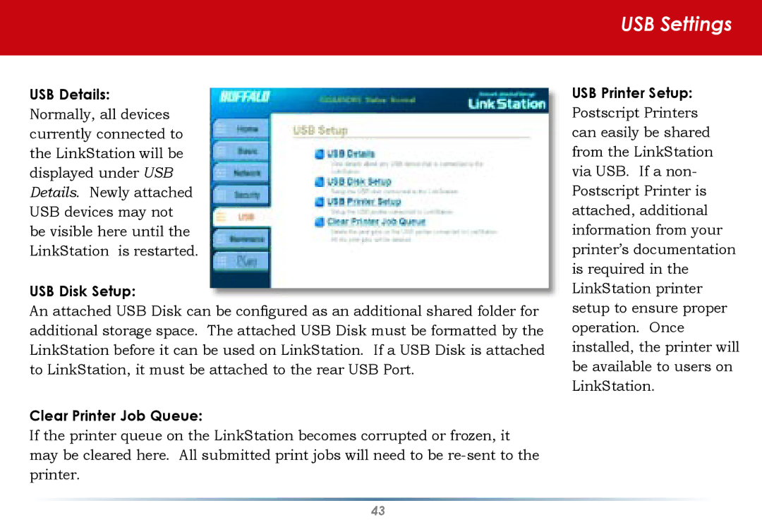 Buffalo Technology HD-HLAN user manual USB Settings, USB Disk Setup, Clear Printer Job Queue, USB Printer Setup 
