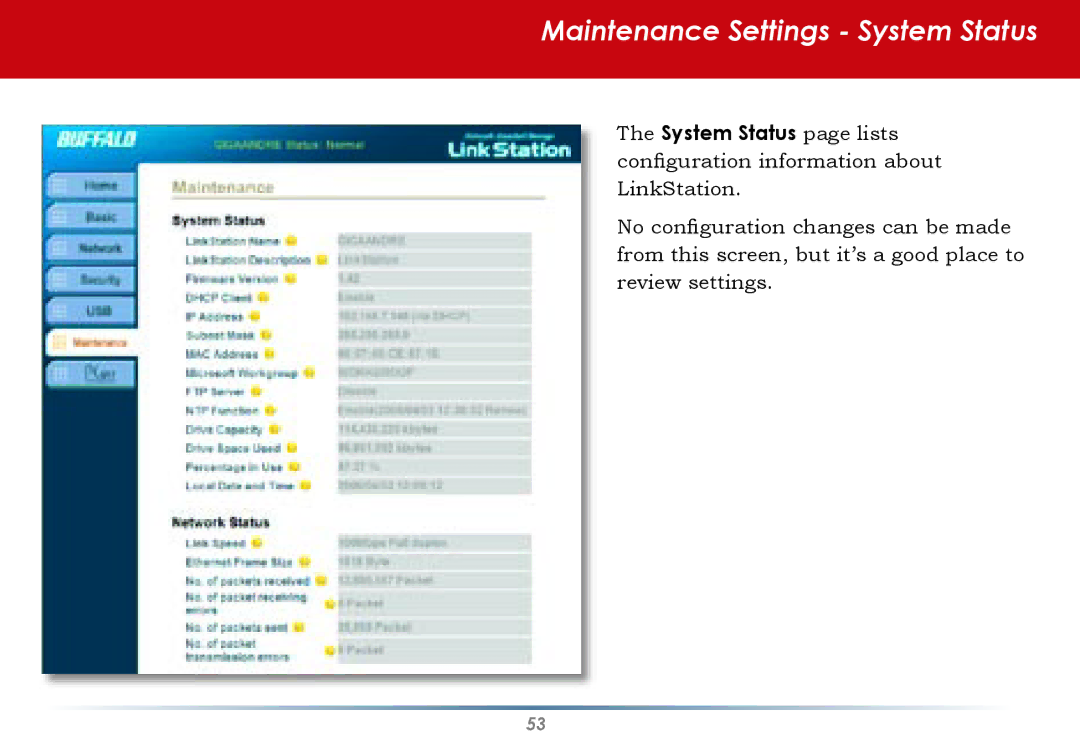 Buffalo Technology HD-HLAN user manual Maintenance Settings System Status 