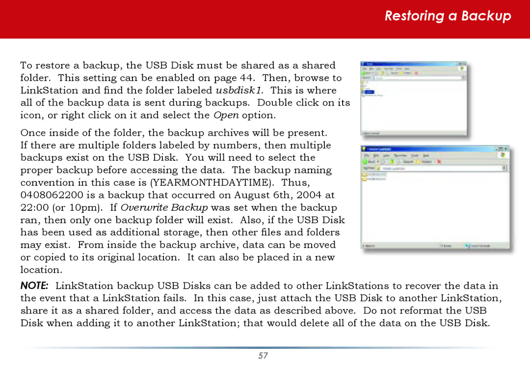 Buffalo Technology HD-HLAN user manual Restoring a Backup 