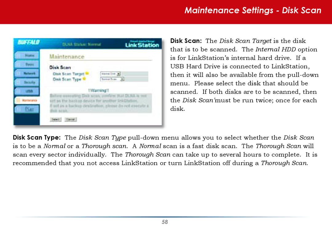 Buffalo Technology HD-HLAN user manual Maintenance Settings Disk Scan 