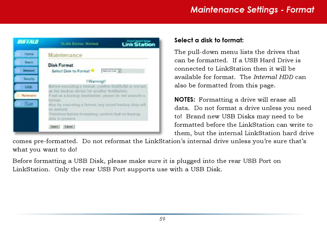 Buffalo Technology HD-HLAN user manual Maintenance Settings Format, Select a disk to format 