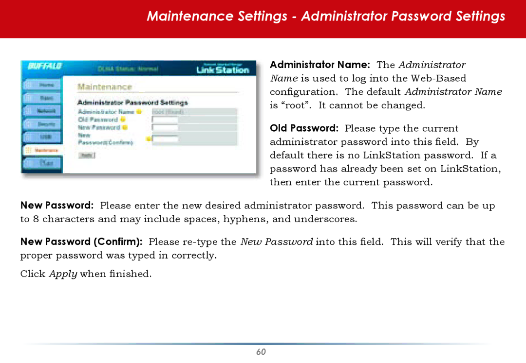 Buffalo Technology HD-HLAN user manual Maintenance Settings Administrator Password Settings 