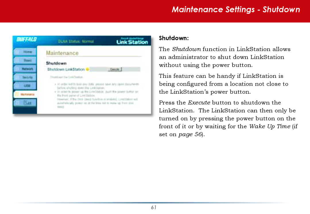 Buffalo Technology HD-HLAN user manual Maintenance Settings Shutdown 