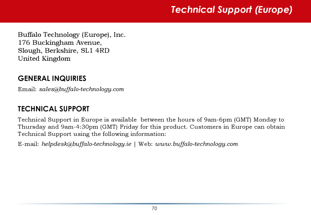 Buffalo Technology HD-HLAN user manual Technical Support Europe 