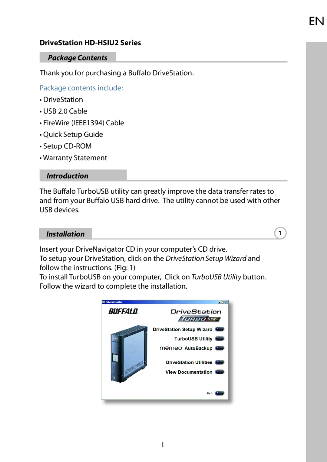 Buffalo Technology HD-HSIU2 setup guide Package Contents, Introduction, Installation 