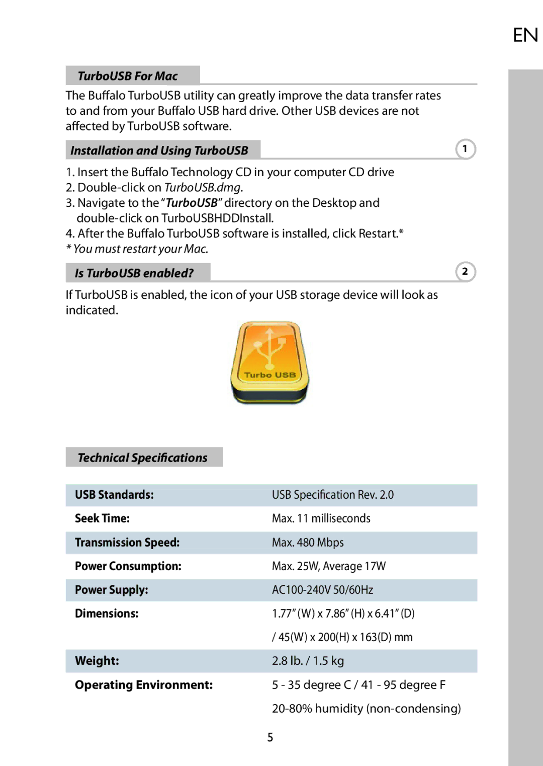 Buffalo Technology HD-HSIU2 setup guide TurboUSB For Mac, Installation and Using TurboUSB, Technical Speciﬁcations 