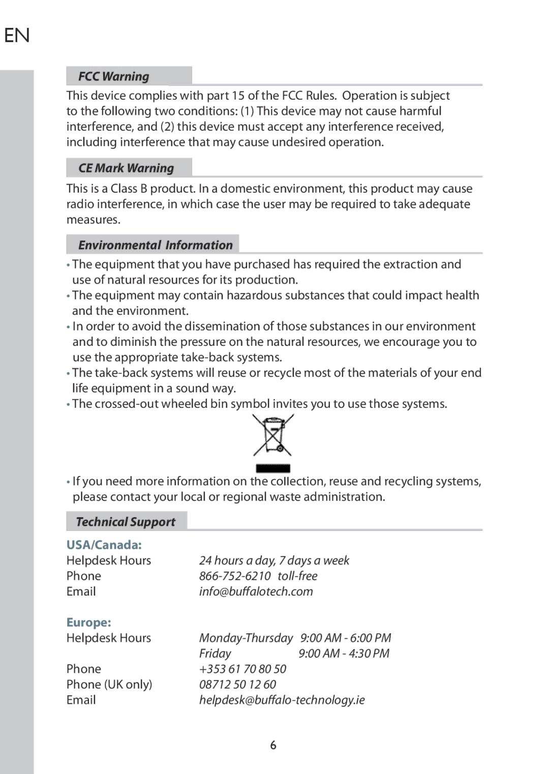 Buffalo Technology HD-HSIU2 setup guide FCC Warning, CE Mark Warning, Environmental Information, Technical Support 