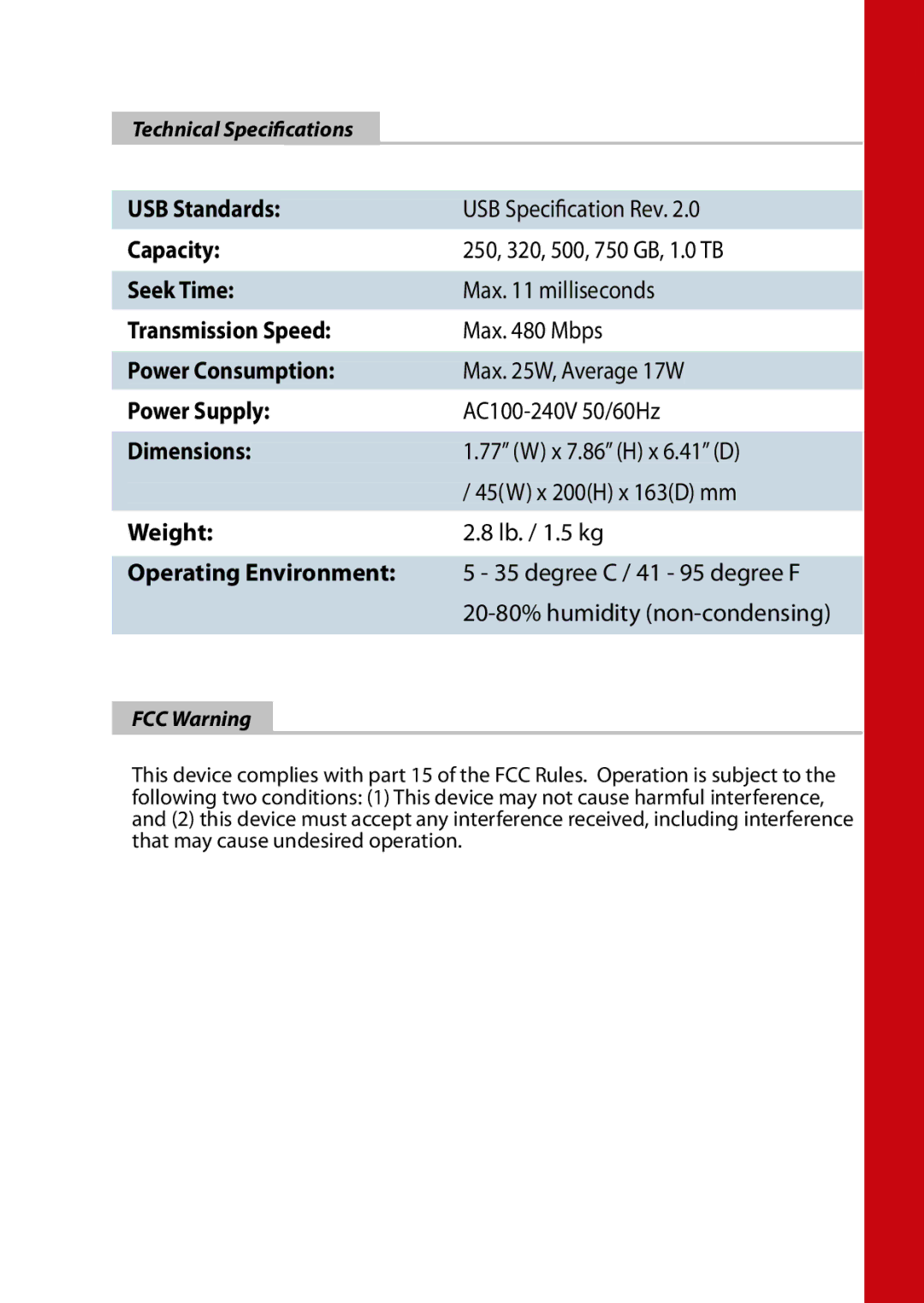 Buffalo Technology HD-HSU2 manual Technical Speciﬁcations, FCC Warning 