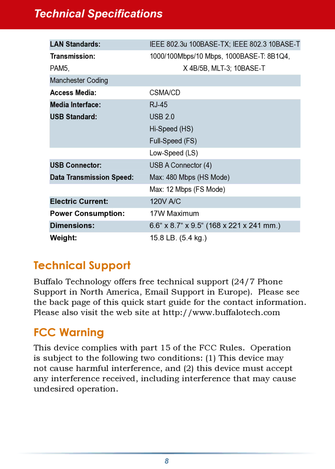 Buffalo Technology HD-HTGL/R5 setup guide Technical Speciﬁcations, USB Standard 