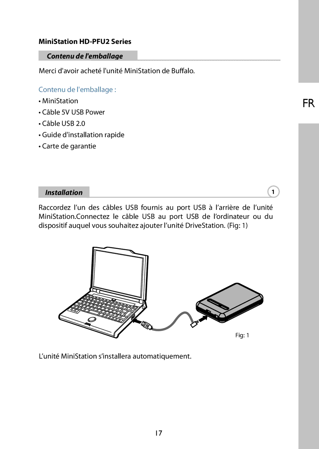 Buffalo Technology HD-PFU2 setup guide Contenu de lemballage, Installation 