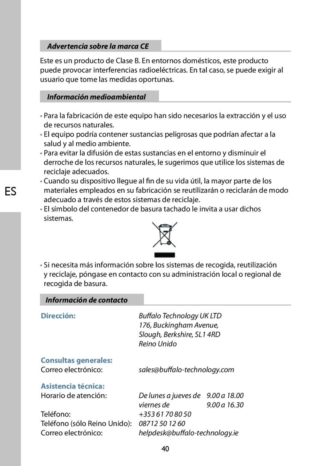 Buffalo Technology HD-PFU2 setup guide Advertencia sobre la marca CE, Información medioambiental, Información de contacto 