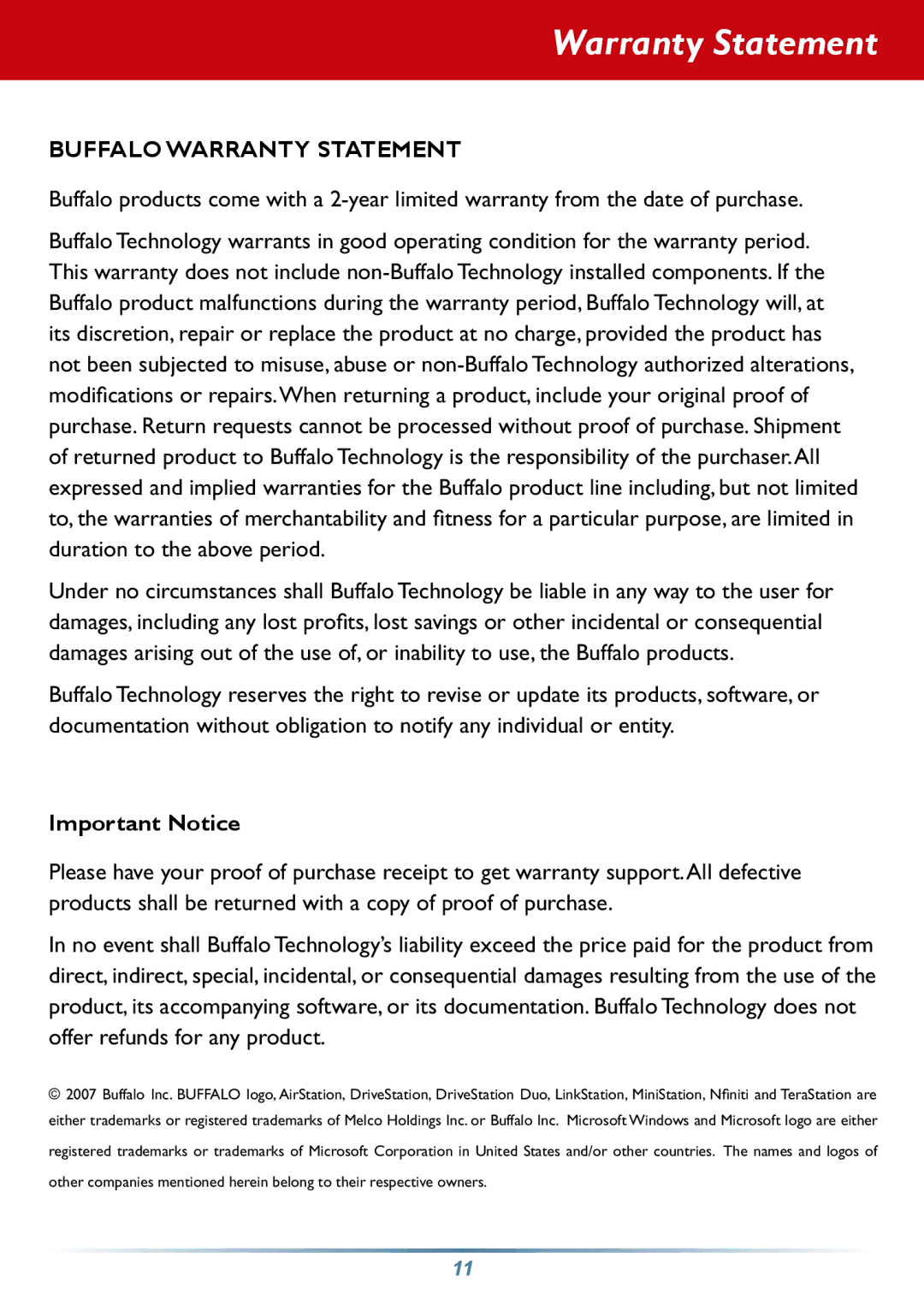 Buffalo Technology HD-PHSxxU2-UC setup guide Buffalo Warranty Statement 