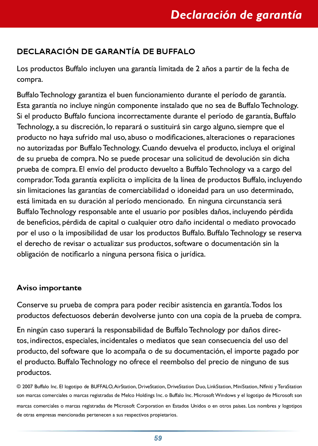 Buffalo Technology HD-PHSxxU2-UC setup guide Declaración de garantía, Declaración DE Garantía DE Buffalo 