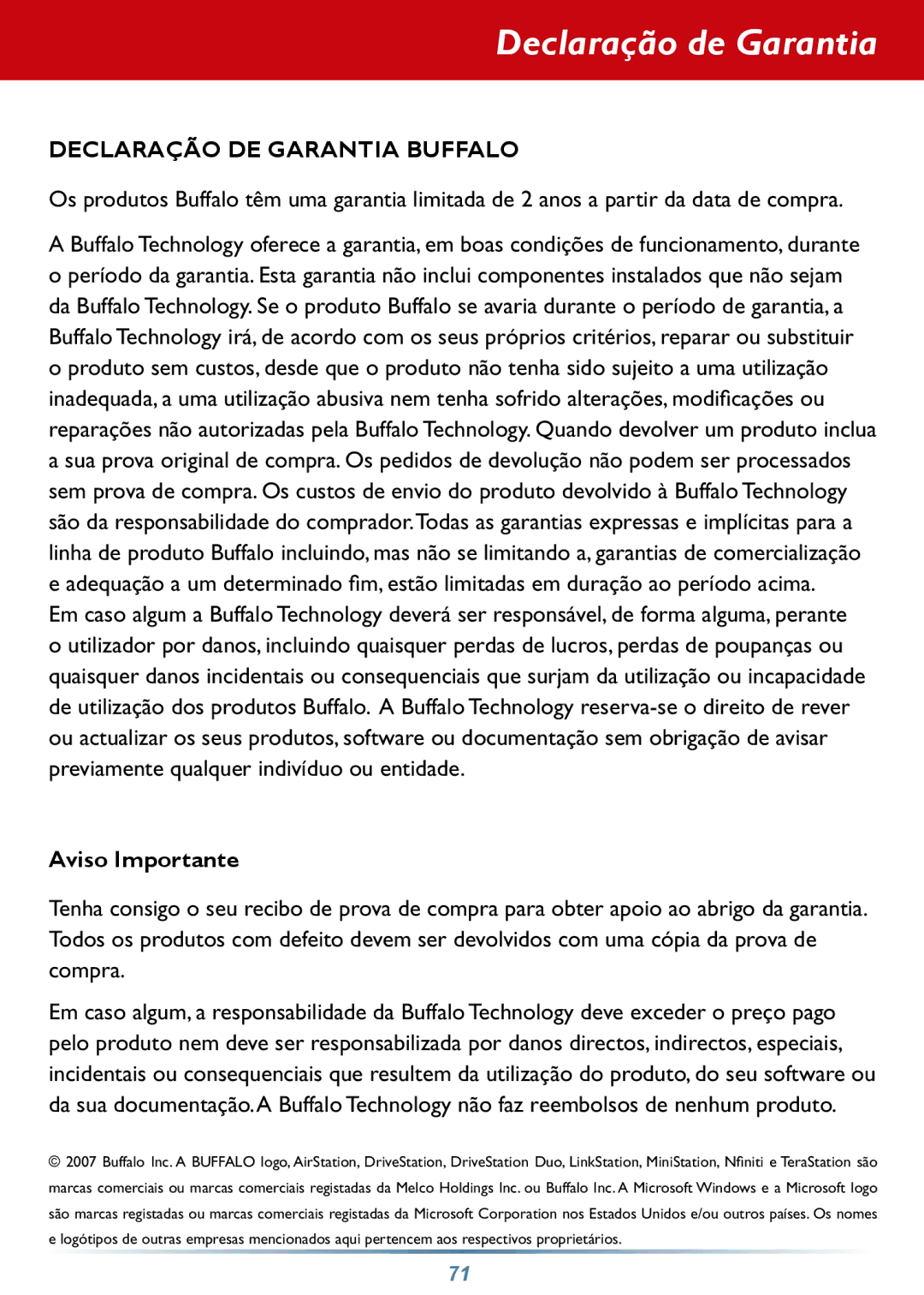 Buffalo Technology HD-PHSxxU2-UC setup guide Declaração de Garantia, Declaração DE Garantia Buffalo 