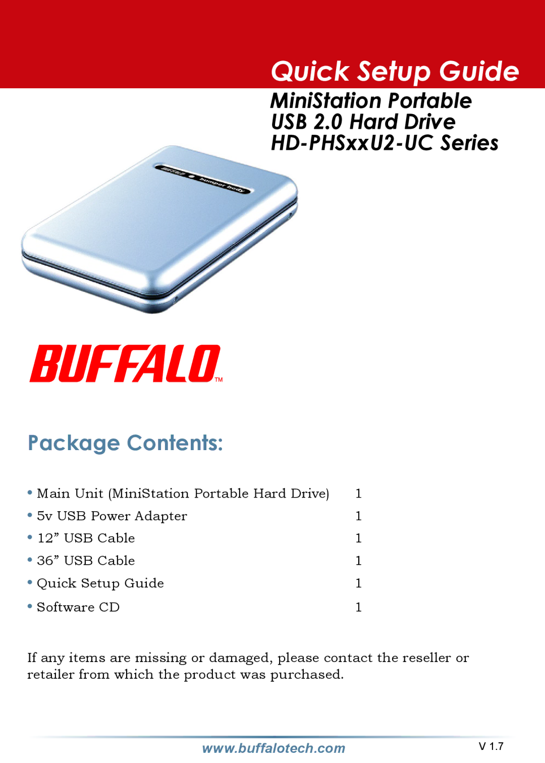 Buffalo Technology HD-PHSxxU2-UC setup guide Quick Setup Guide, Package Contents 