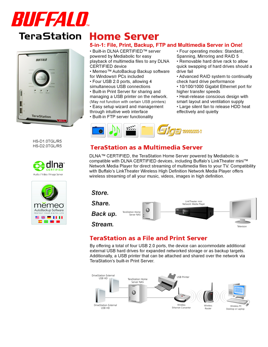 Buffalo Technology HS-D1.0TGL/R5 manual Home Server, TeraStation as a Multimedia Server, Store Share Back up Stream 