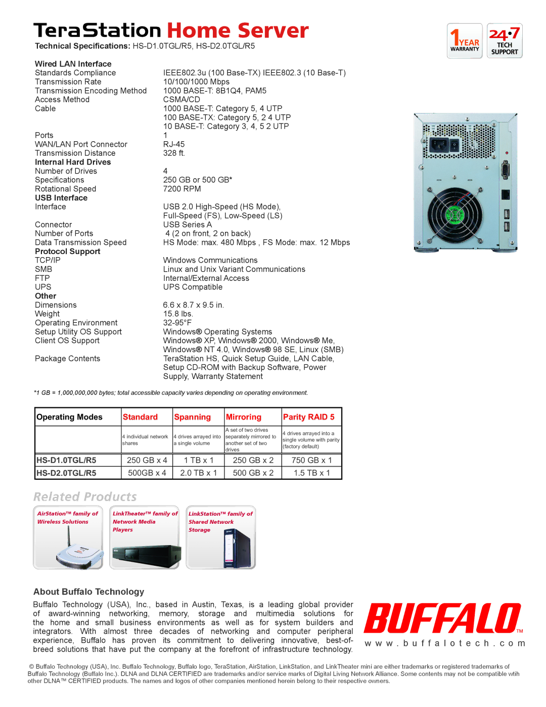 Buffalo Technology HS-D2.0TGL/R5 manual Wired LAN Interface, Internal Hard Drives, USB Interface, Protocol Support, Other 