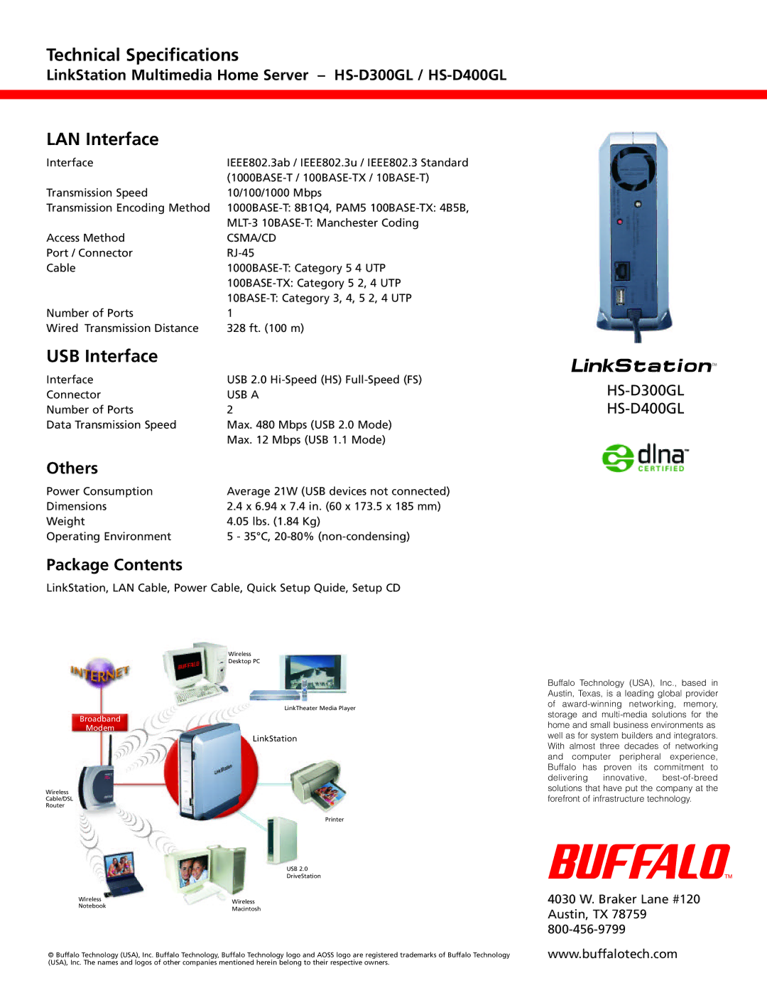 Buffalo Technology HS-D400GL, HS-D300GL Technical Specifications, LAN Interface, USB Interface, Others, Package Contents 