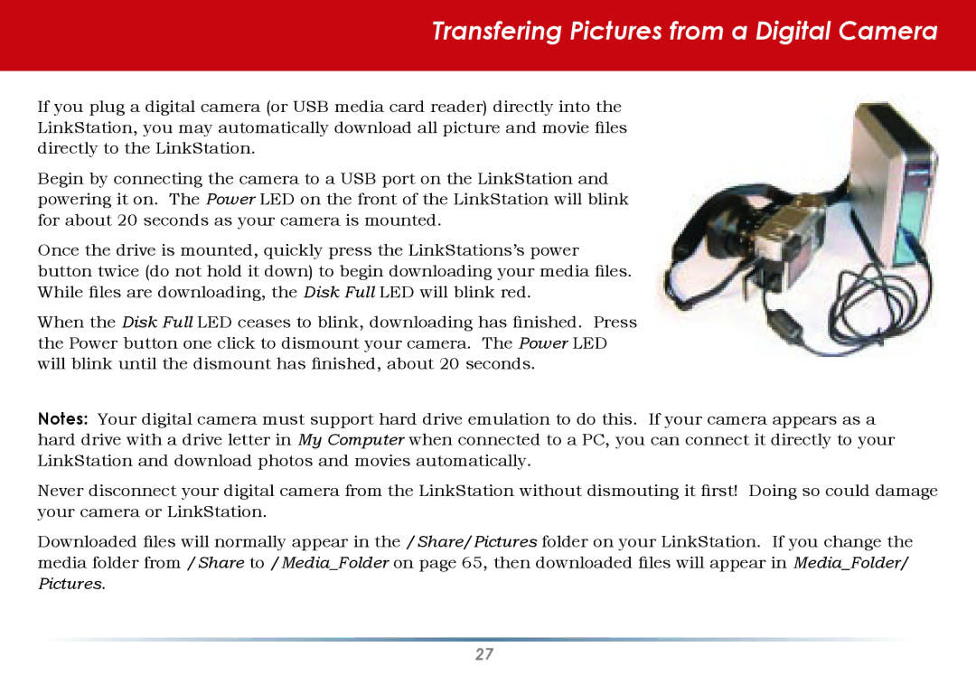 Buffalo Technology HS-DGL Series user manual Transfering Pictures from a Digital Camera 