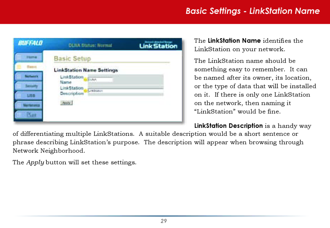 Buffalo Technology HS-DGL Series user manual Basic Settings LinkStation Name, LinkStation Description is a handy way 