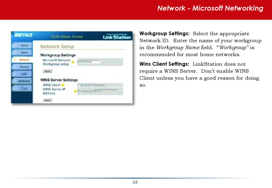 Buffalo Technology HS-DGL Series user manual Network Microsoft Networking, Wins Client Settings LinkStation does not 