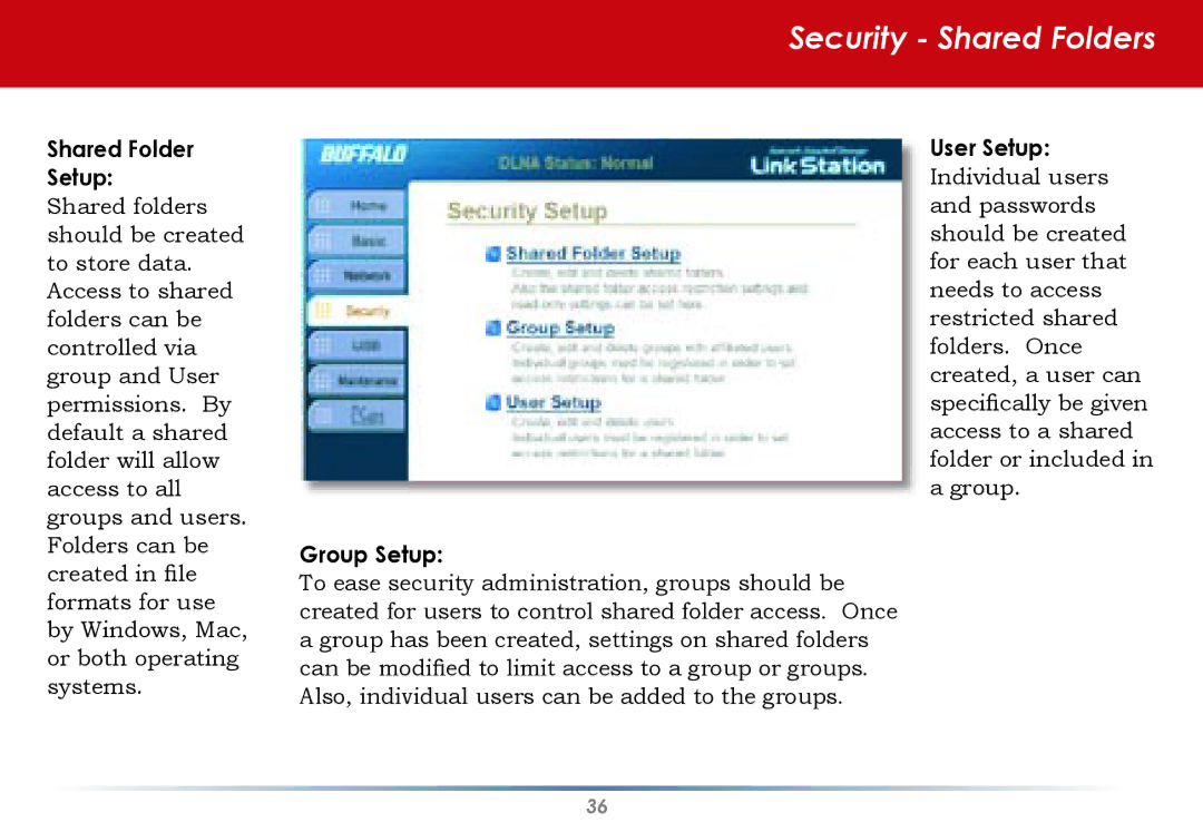 Buffalo Technology HS-DGL Series user manual Security Shared Folders, Shared Folder Setup, Group Setup 