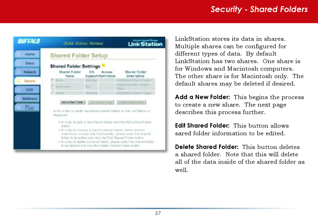 Buffalo Technology HS-DGL Series user manual Security Shared Folders 