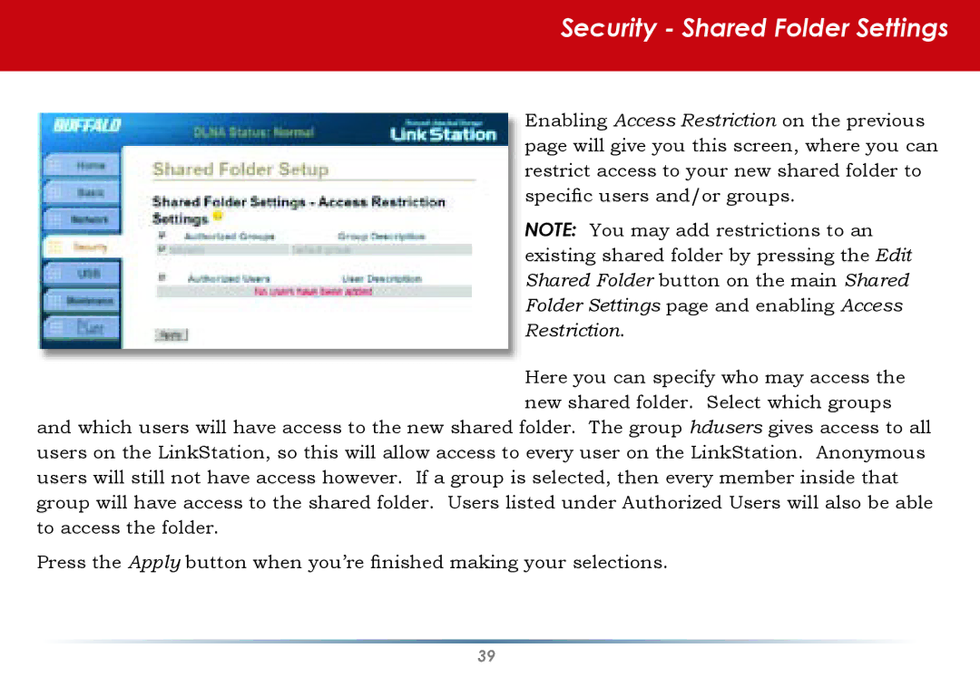 Buffalo Technology HS-DGL Series user manual Security Shared Folder Settings 