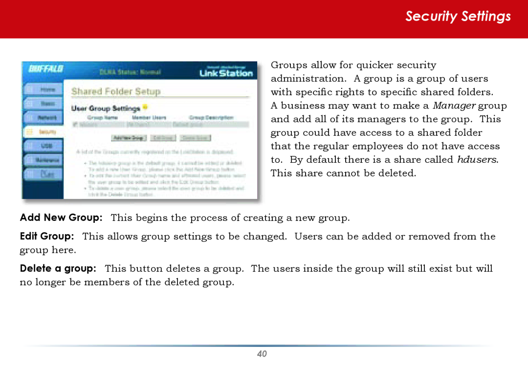 Buffalo Technology HS-DGL Series user manual Security Settings 