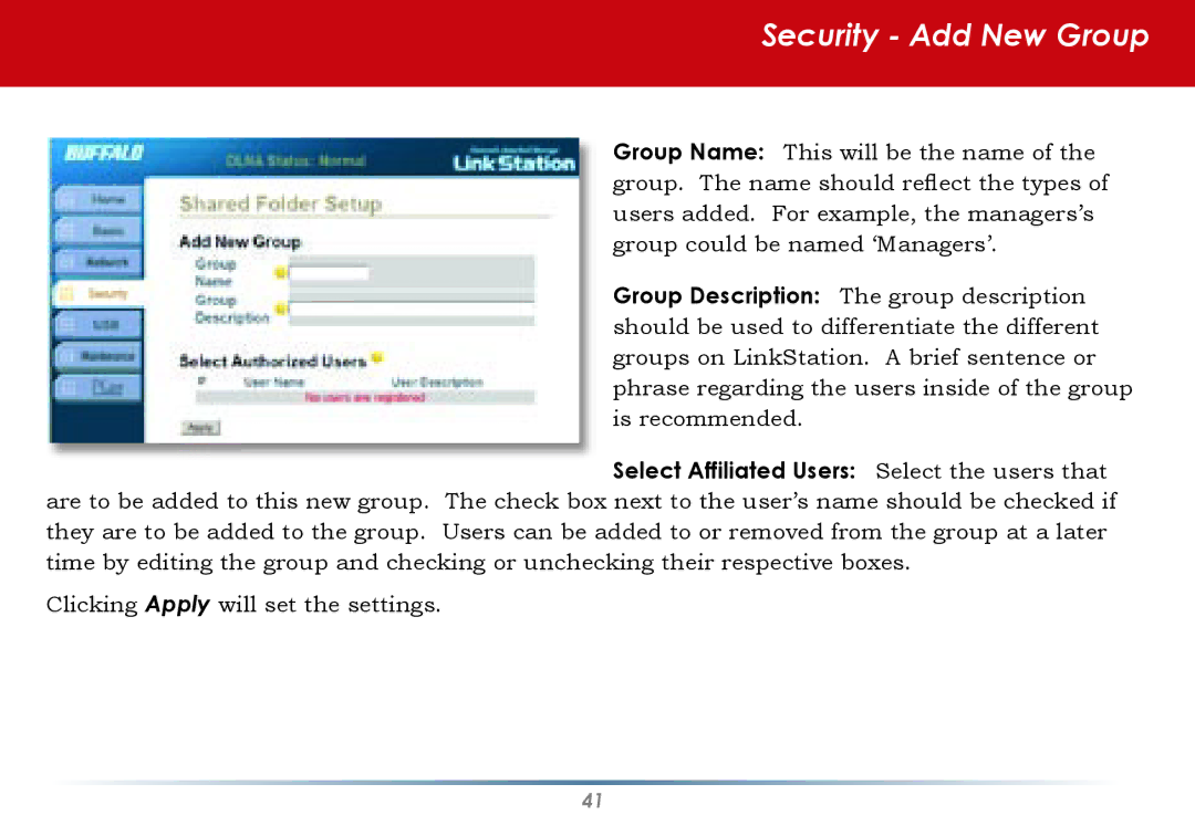 Buffalo Technology HS-DGL Series user manual Security Add New Group 