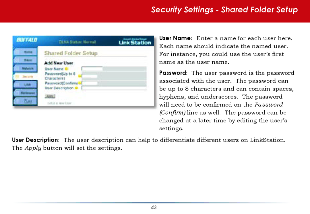 Buffalo Technology HS-DGL Series user manual Security Settings Shared Folder Setup 