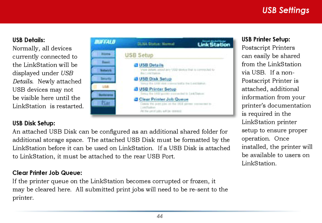 Buffalo Technology HS-DGL Series user manual USB Settings, USB Disk Setup, Clear Printer Job Queue, USB Printer Setup 