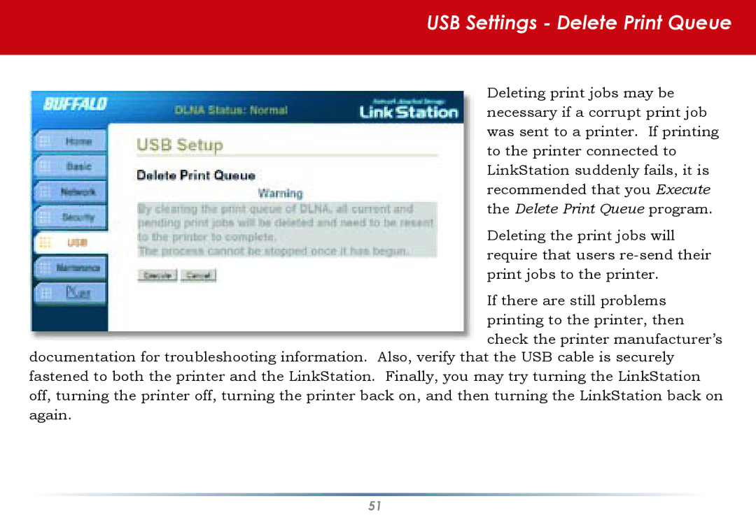 Buffalo Technology HS-DGL Series user manual USB Settings Delete Print Queue 