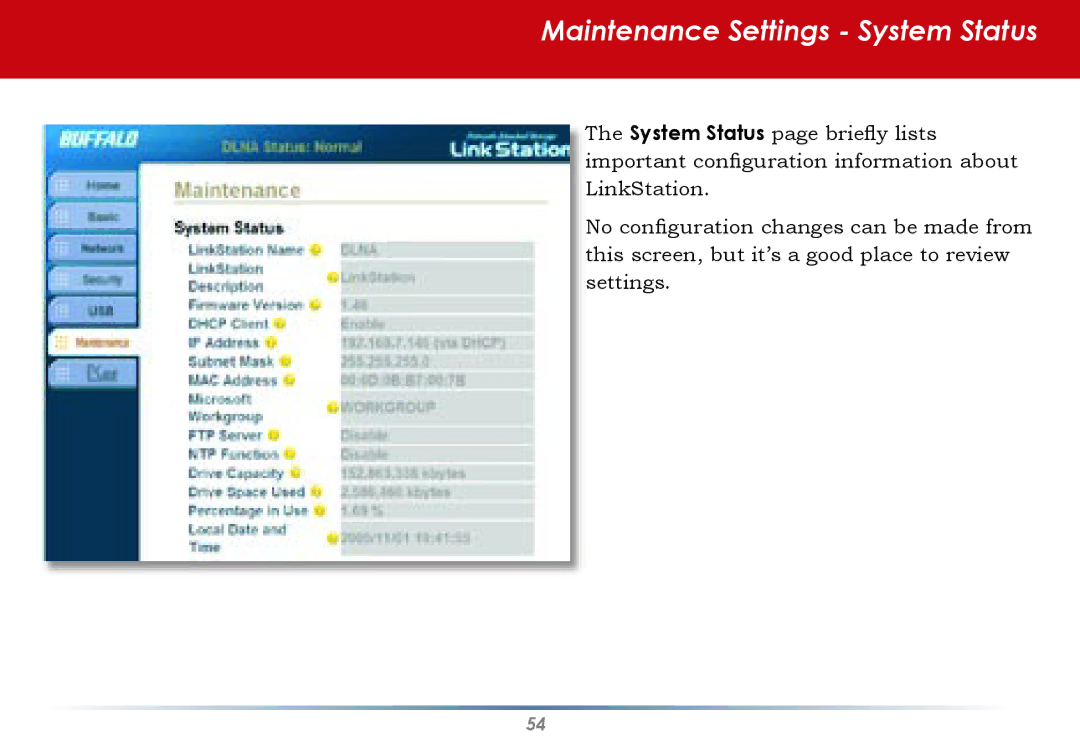 Buffalo Technology HS-DGL Series user manual Maintenance Settings System Status 