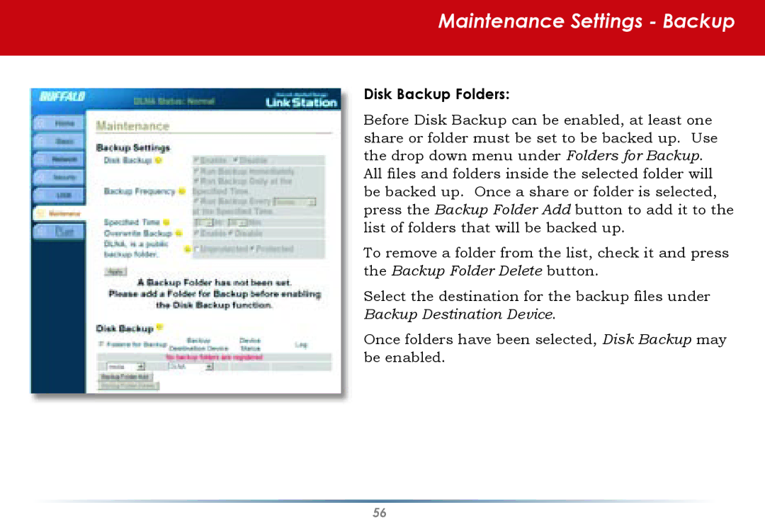 Buffalo Technology HS-DGL Series user manual Maintenance Settings Backup, Disk Backup Folders 