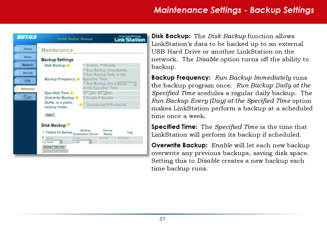 Buffalo Technology HS-DGL Series user manual Maintenance Settings Backup Settings 