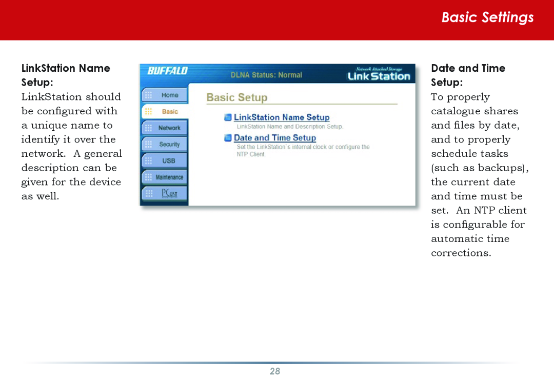 Buffalo Technology HS-DGL manual Basic Settings, LinkStation Name, Date and Time, Setup 