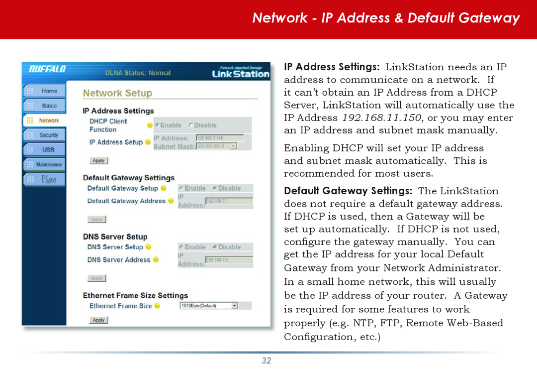 Buffalo Technology HS-DGL manual Network - IP Address & Default Gateway 