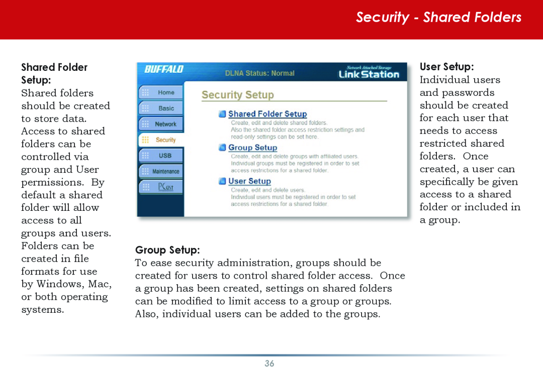 Buffalo Technology HS-DGL manual Security - Shared Folders, Shared Folder Setup, Group Setup 