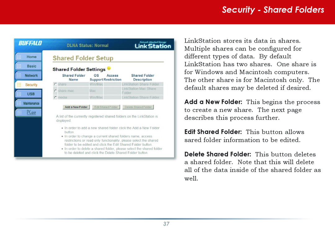 Buffalo Technology HS-DGL manual Security - Shared Folders 