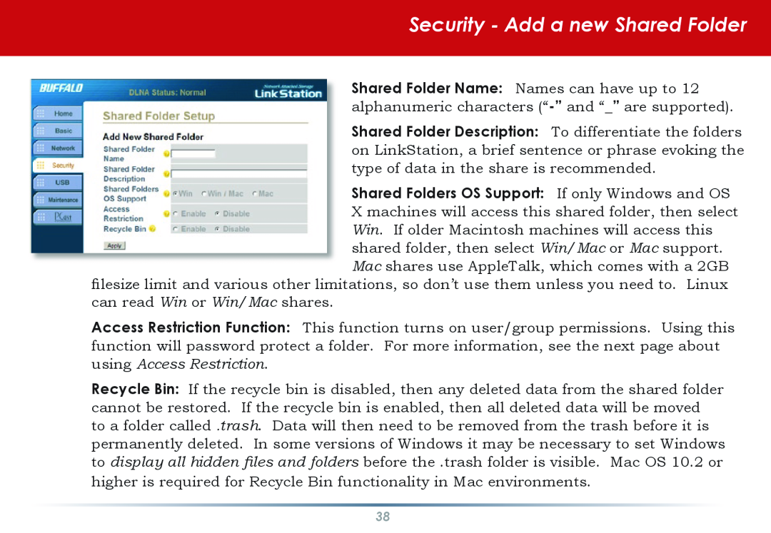 Buffalo Technology HS-DGL manual Security - Add a new Shared Folder 