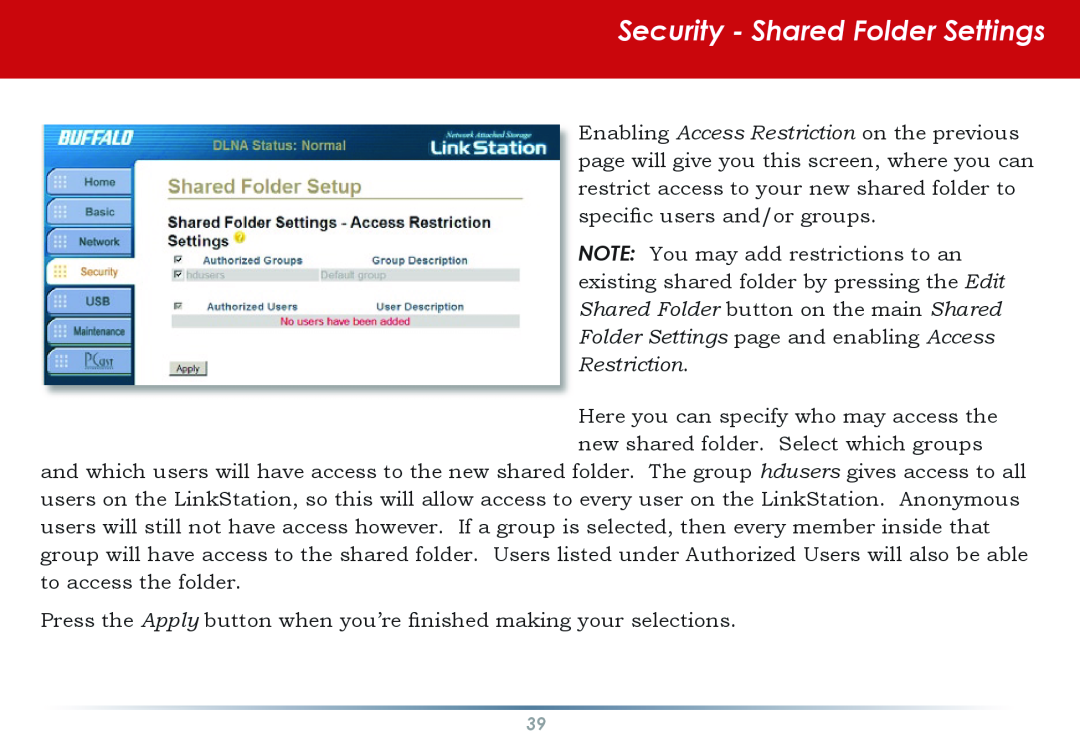 Buffalo Technology HS-DGL manual Security - Shared Folder Settings 